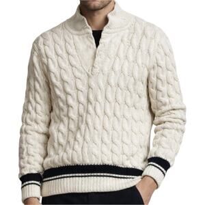 Vintage Reunion Varsity Cable Knit Sweater 80s 100% Cotton Pullover Cream Small